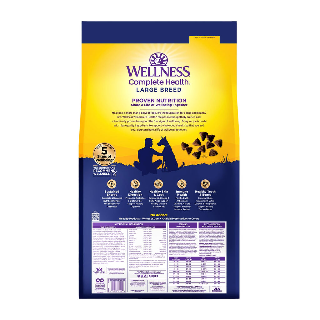 Wellness Complete Health Large Breed Adult Dry Dog Food, Wholesome Grain Kibble, Natural, Chicken and Brown Rice Recipe, 38 lb Bag Wellness