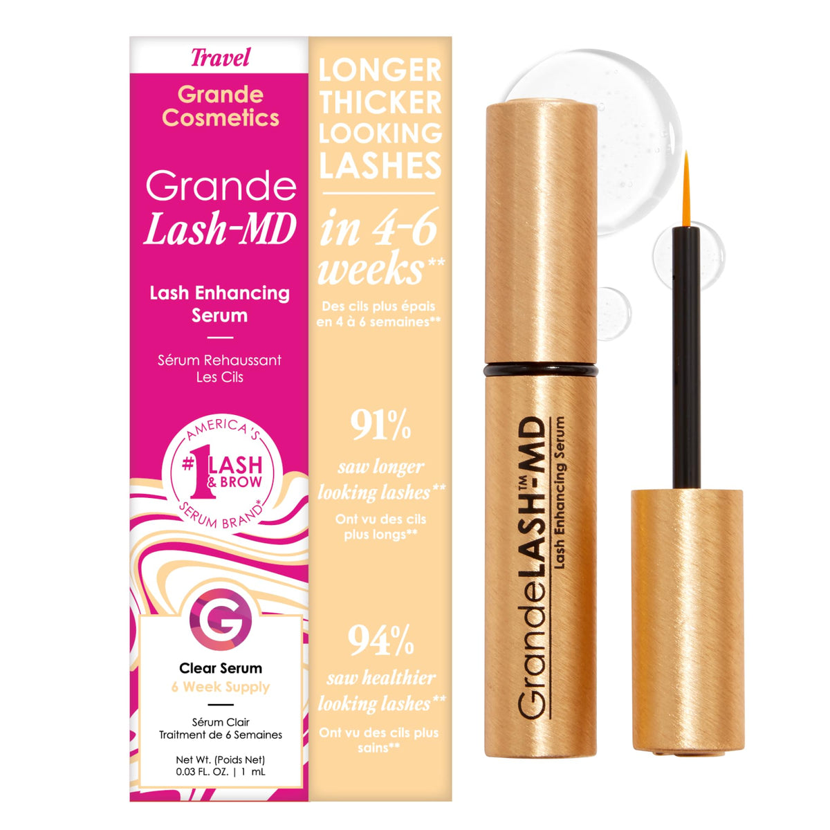 Grande Cosmetics GrandeLASH-MD Lash Enhancing Serum - Peptide & Vitamin Infused Formula for Longer, Thicker, Fuller Looking Lashes - Ophthalmologist Tested, Cruelty-Free, 6 Week Supply (1mL) Grande Cosmetics