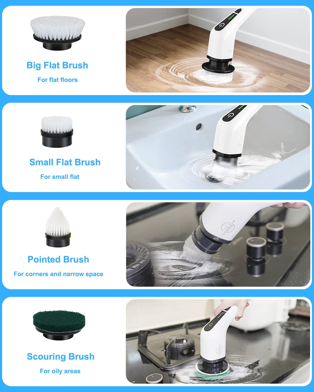 Leebein Electric Spin Scrubber, Cordless Cleaning Brush with 8 Replaceable Brush Heads, Tub and Floor Tile 360 Power Scrubber Dual Speed with Adjustable & Detachable Handle for Bathroom Kitchen Car Leebein