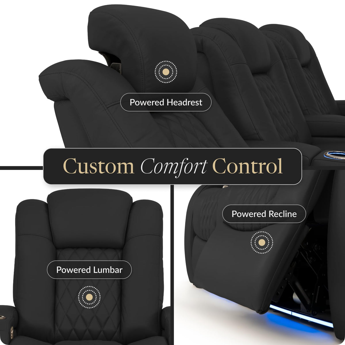 Seatcraft Virtuoso LT Black Italian Leather Home Theater Seating, Zero Gravity Power Recliner, Powered Headrest and Lumbar Gaming and Home Office Chair, Heat and Massage Lounge Sofa, Row of 3 Seatcraft