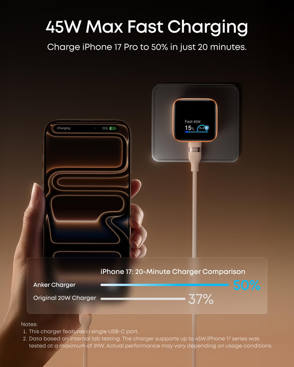 Anker Smart Display Charger, Anker Nano USB C Charger Block, 45W Max GaN Phone Charger,180° Foldable Plug,Smart Recognition,Built-in Care Mode,for iPhone17/16/15(Non-Battery,One USB-C Port,No Cable) Anker
