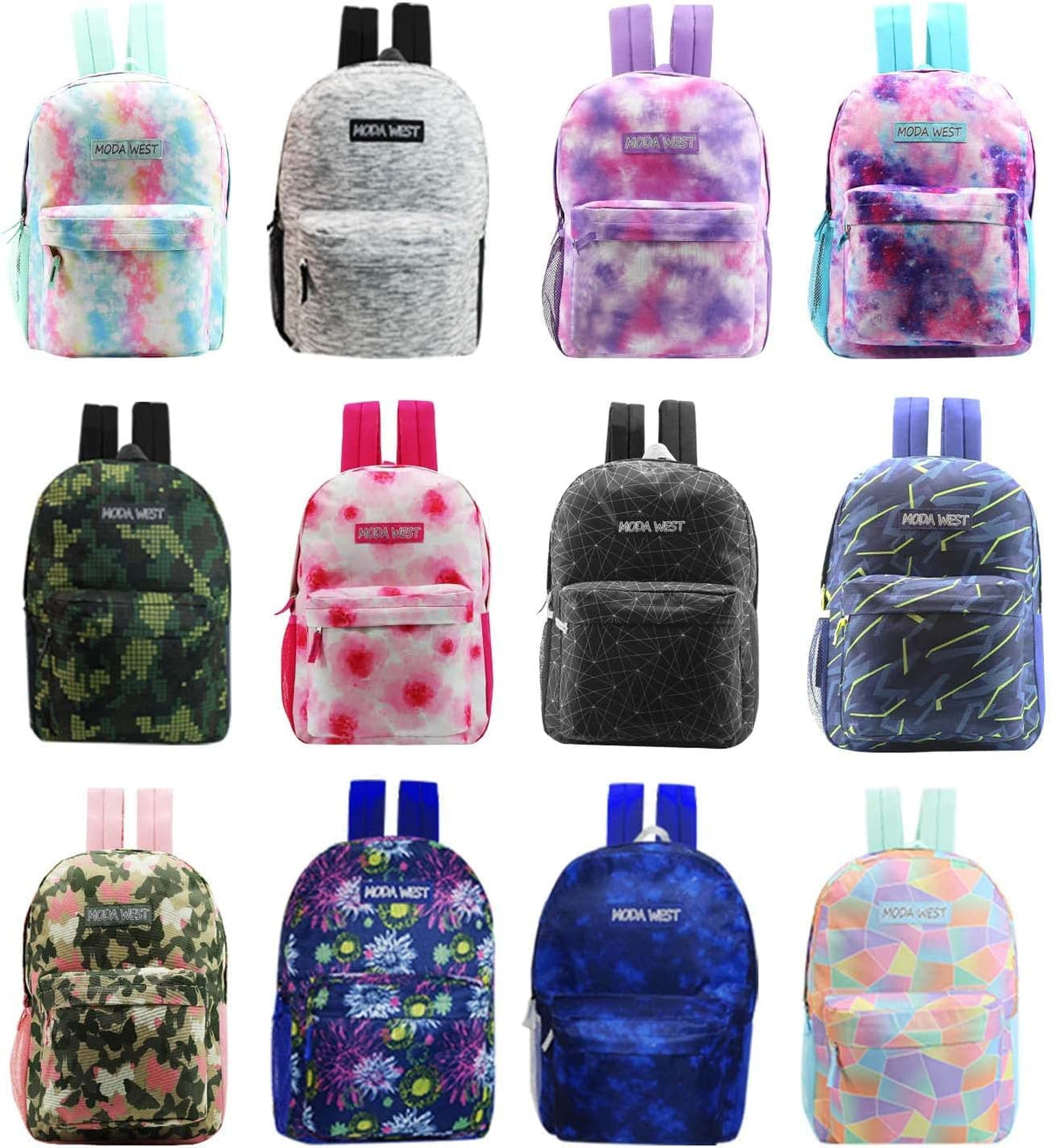 Moda West 12 Pack 17” Bulk Sport Backpacks with 52 Piece School Supplies Kits, 12 Styles Moda West