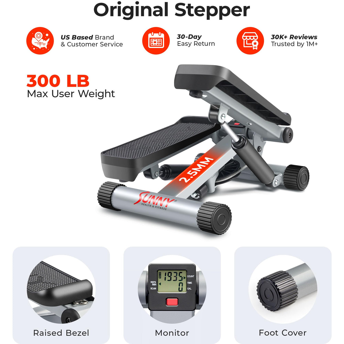Sunny Health & Fitness Mini Steppers for Exercise at Home, Stair Step Workout Machine with Resistance Bands, Full Body Cardio Equipment with Digital Monitor - No. 012 -S Sunny Health & Fitness