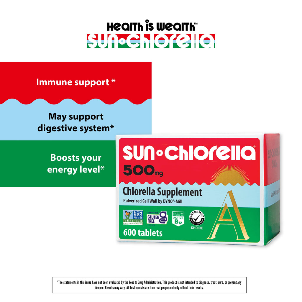 Sun Chlorella 500mg Whole Body Wellness Green Algae Superfood Supplement - Immune Defense, Gut Health, Natural Purification, Energy Boost - Chlorophyll, B12, Iron, Protein - Non-GMO - 600 Tablets Sun Chlorella