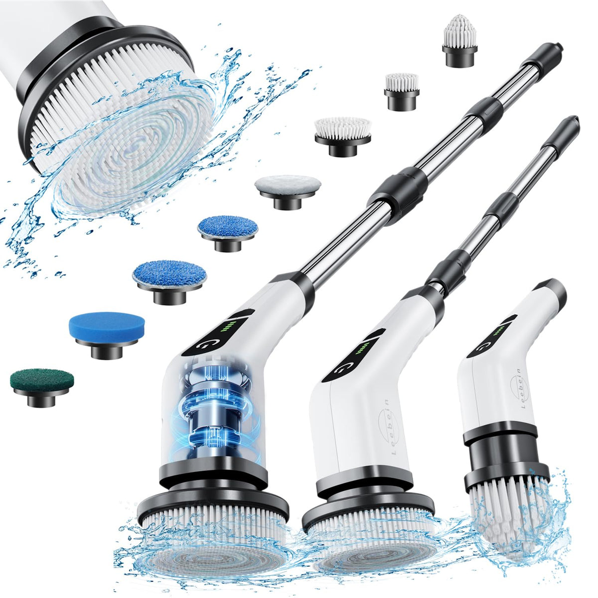 Leebein Electric Spin Scrubber, Cordless Cleaning Brush with 8 Replaceable Brush Heads, Tub and Floor Tile 360 Power Scrubber Dual Speed with Adjustable & Detachable Handle for Bathroom Kitchen Car Leebein