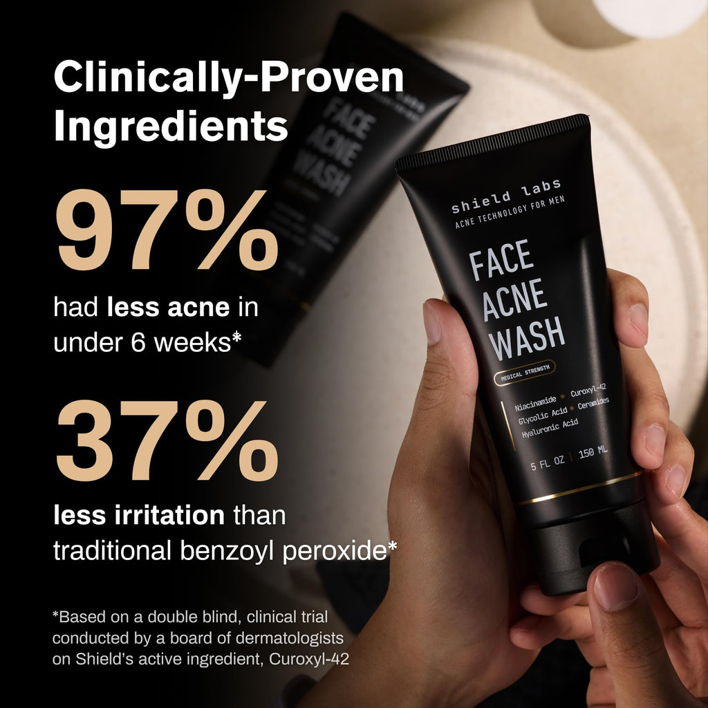 Shield Face Acne Wash for Men and Boys, Curoxyl-42 Face Wash to Clear, Treat, and Prevent Acne, Gentle formula with Niacinamide, Hyaluronic Acid, and Ceramides, Unscented, 5.1 oz, Pack of 2 Shield