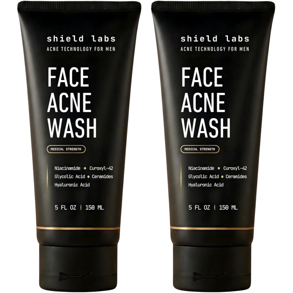 Shield Face Acne Wash for Men and Boys, Curoxyl-42 Face Wash to Clear, Treat, and Prevent Acne, Gentle formula with Niacinamide, Hyaluronic Acid, and Ceramides, Unscented, 5.1 oz, Pack of 2 Shield