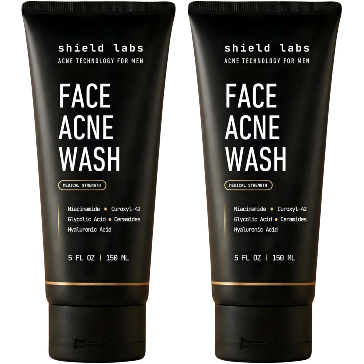 Shield Face Acne Wash for Men and Boys, Curoxyl-42 Face Wash to Clear, Treat, and Prevent Acne, Gentle formula with Niacinamide, Hyaluronic Acid, and Ceramides, Unscented, 5.1 oz, Pack of 2 Shield