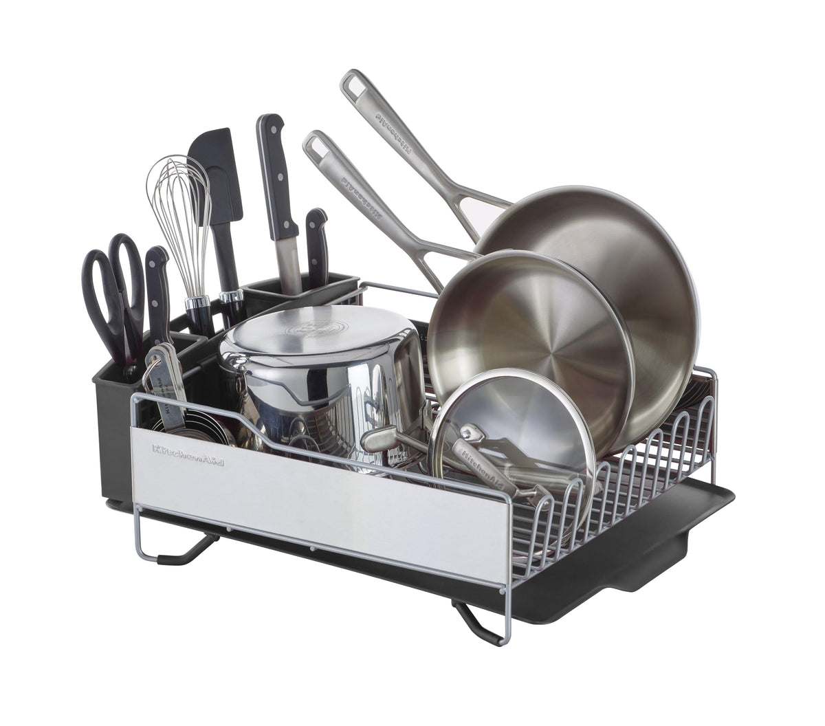 KitchenAid Large Capacity Full Size Rust Resistant Dish Rack with Angled Drain Board and Removable Flatware Caddy, Light Grey KitchenAid