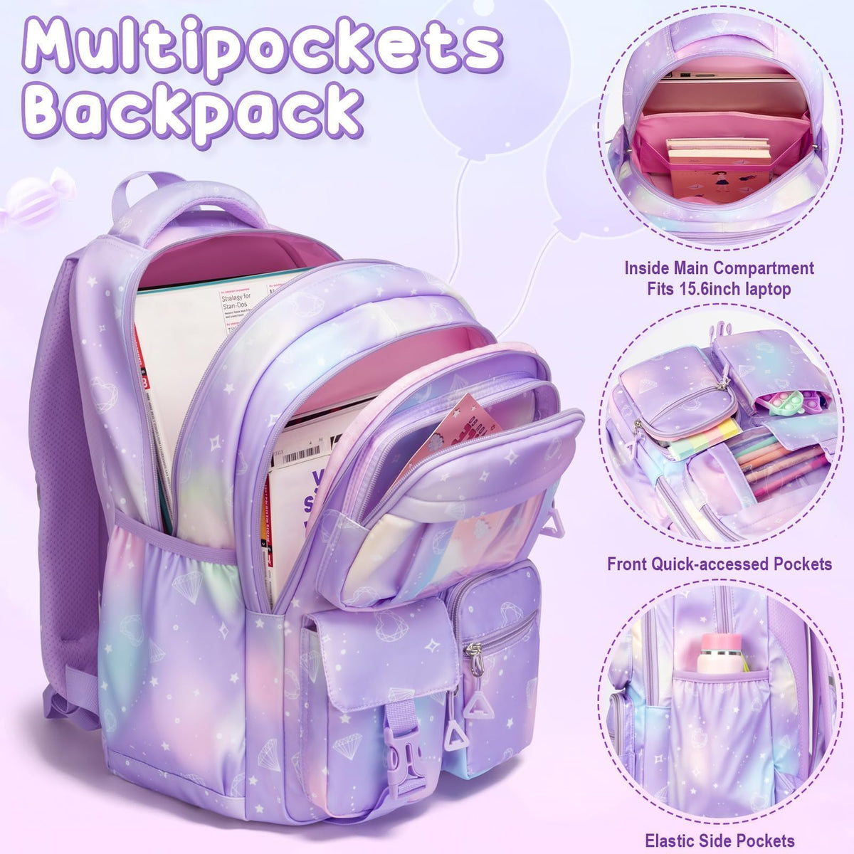 Fimibuke Kids Backpack for School Girls, Waterproof Backpack w/Lunch Box Fimibuke