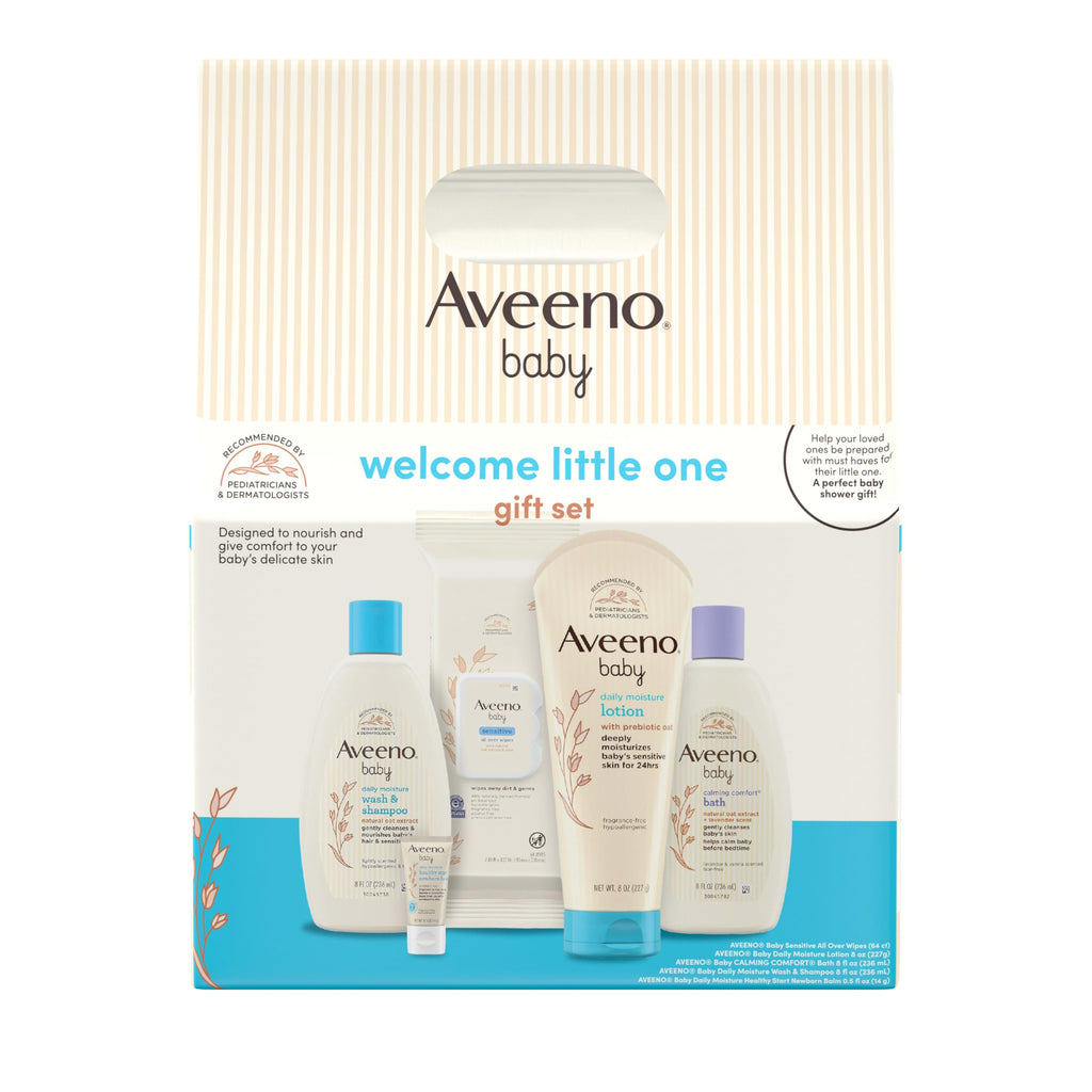 Aveeno Baby Welcome Little One Gift Set, Baby Essentials Set with Daily Moisture Wash and Shampoo, Calming Comfort Bath, Sensitive All Over Wipes, Body Lotion, & Healthy Start Balm, 5 Items Aveeno Baby