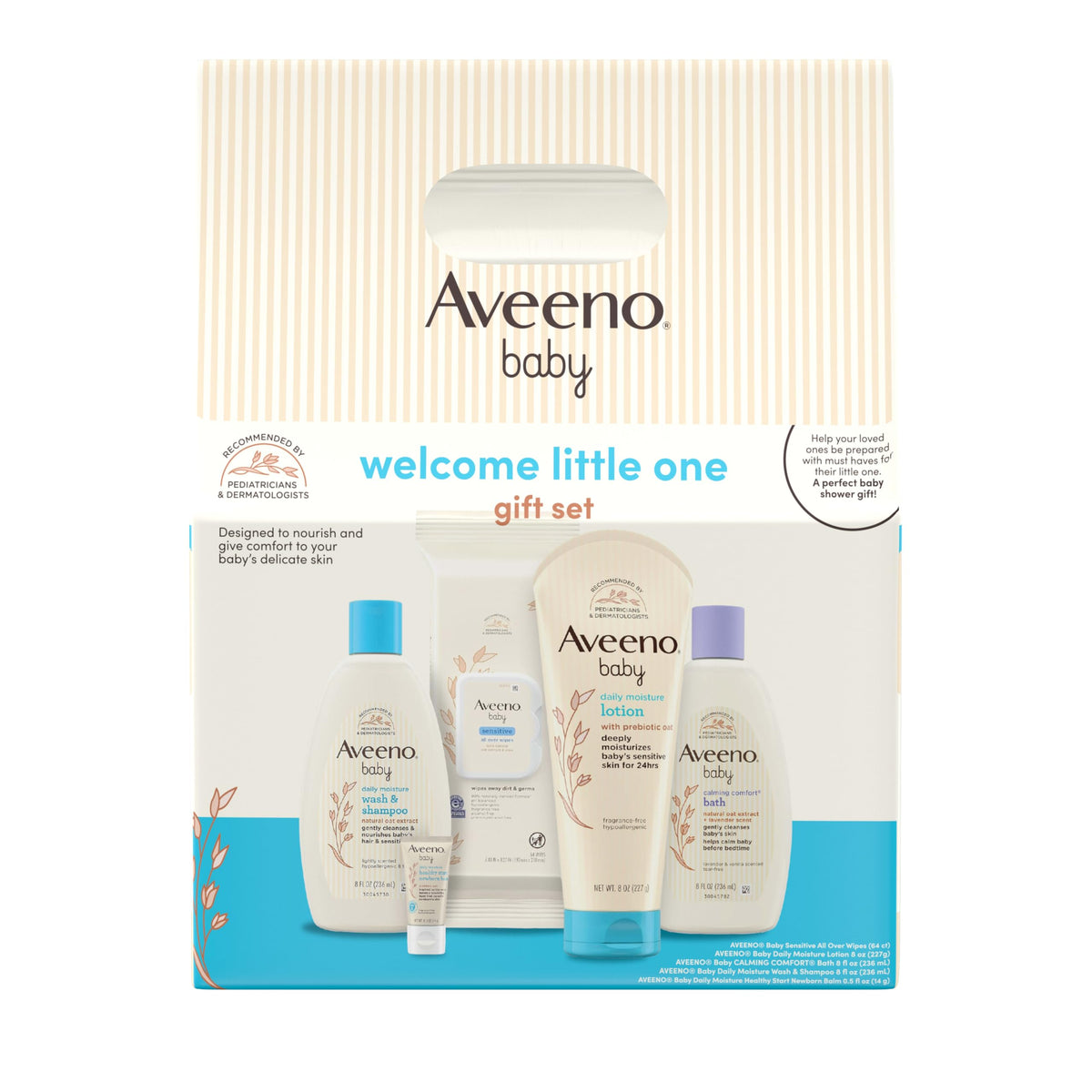 Aveeno Baby Welcome Little One Gift Set, Baby Essentials Set with Daily Moisture Wash and Shampoo, Calming Comfort Bath, Sensitive All Over Wipes, Body Lotion, & Healthy Start Balm, 5 Items Aveeno Baby