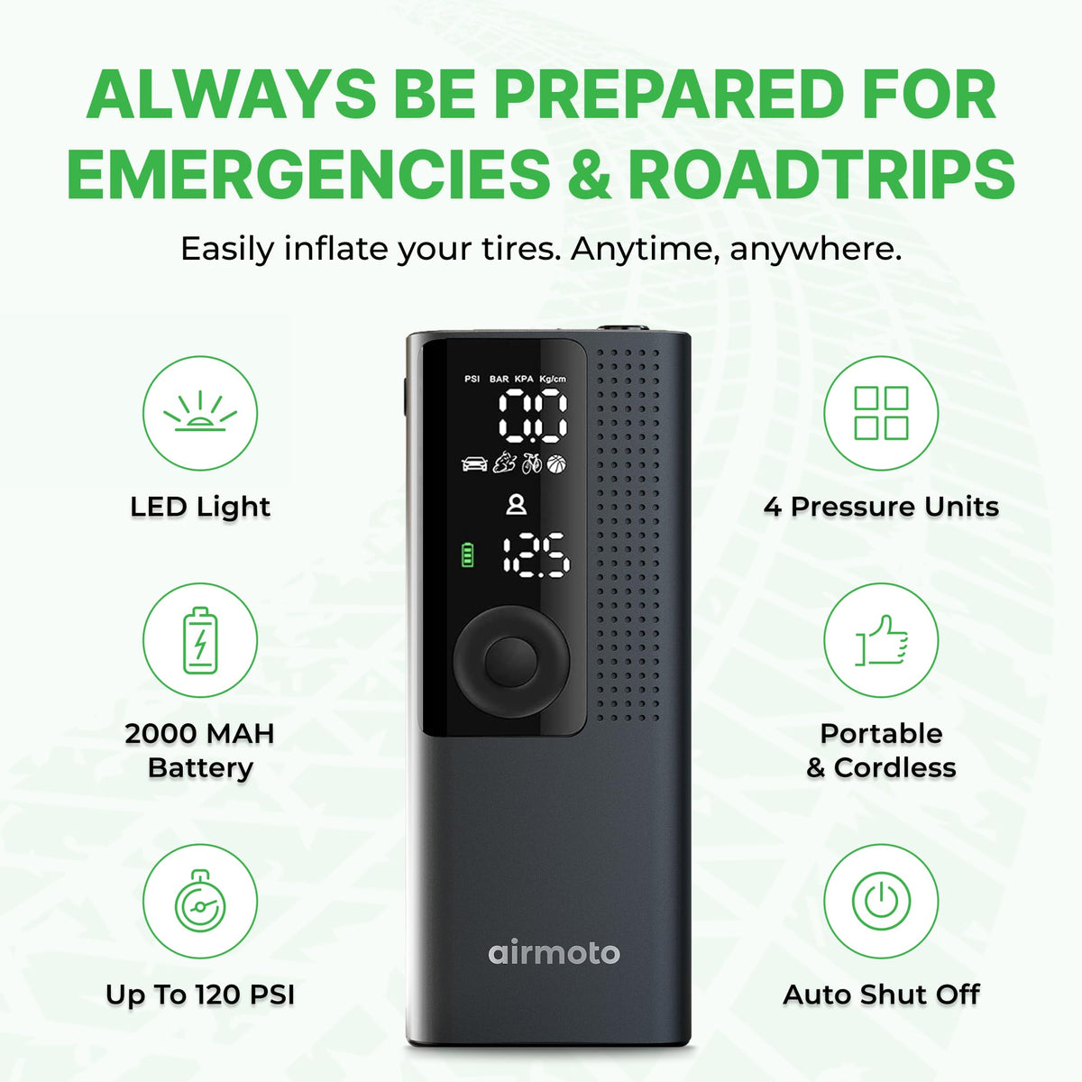 Airmoto Tire Inflator Portable Air Compressor - Air Pump For Car Tires with Digital Pressure Gauge, LED Light and Auto Shut-Off Function - Cordless Pump for Car, Motorcycle, Bicycle, Ball Airmoto