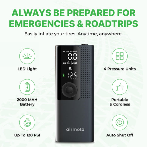 Airmoto Tire Inflator Portable Air Compressor - Air Pump For Car Tires with Digital Pressure Gauge, LED Light and Auto Shut-Off Function - Cordless Pump for Car, Motorcycle, Bicycle, Ball Airmoto