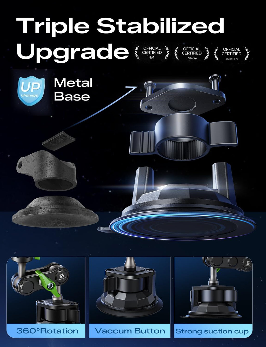 MAGIC JOHN Car Phone Holder, Ultra-Durable Mteal Phone Holders for Your Car, 360° Rotation Cell Phone Car Mount for Windshield, Suction Cup Car Phone Mount for iPhone Samsung All Smartphone MAGIC JOHN