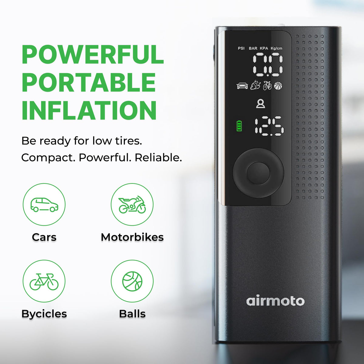 Airmoto Tire Inflator Portable Air Compressor - Air Pump For Car Tires with Digital Pressure Gauge, LED Light and Auto Shut-Off Function - Cordless Pump for Car, Motorcycle, Bicycle, Ball Airmoto