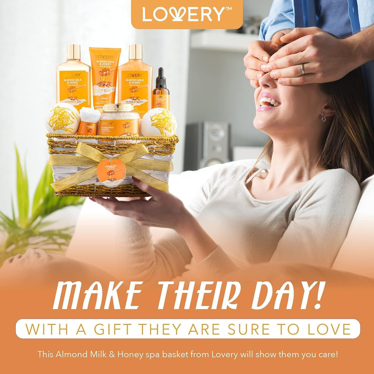 Gifts for Women Gift Basket for Women - 10 Pc Almond Milk & Honey Beauty & Personal Care Set - Home Bath Pampering Package for Relaxing - Spa Self Care Kit - Birthday, Mom, Anniversary Gift LOVERY