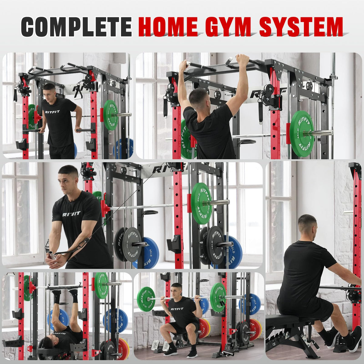 RitFit Buffalo Smith Machine, Power cage with LAT-Pull Down System & Cable Crossover System, All-in-One Squat Rack for Home Gym, Power Rack RitFit