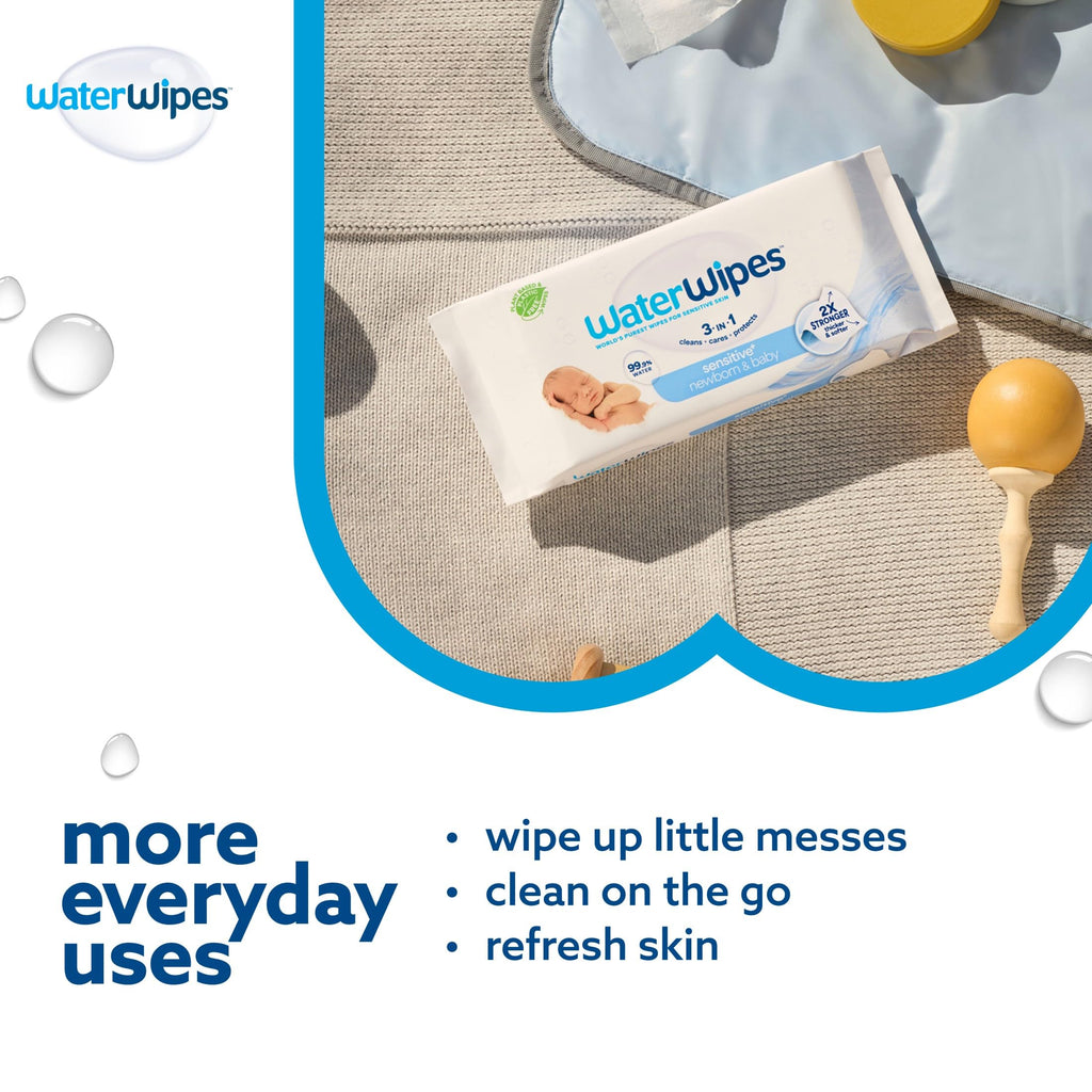 WaterWipes Sensitive+ Newborn & Baby Wipes, 3-In-1 Cleans, Cares, Protects, 99.9% Water, Unscented & Hypoallergenic, 720 Count (12 Packs) WaterWipes