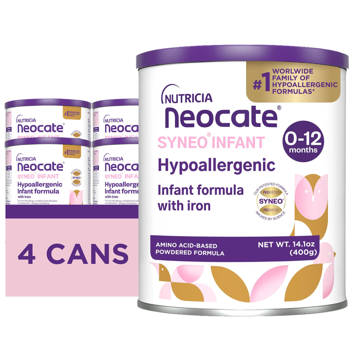 Neocate Syneo Infant - Hypoallergenic, Dairy-free, Amino Acid-Based Baby Formula with Prebiotic Fiber, Probiotics & DHA/ARA - Food Allergy-Friendly Formula - 14.1 oz (Pack of 4) Neocate