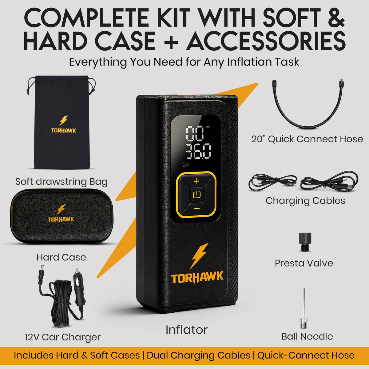 Portable Tire Inflator Air Compressor for Car Tires, Dual Cylinder, Cordless Air Pump for Car, Truck, SUV, 160 PSI, Dual Power, 7500mAh Battery, 12V DC, LED Light & Auto Shut-Off TORHAWK