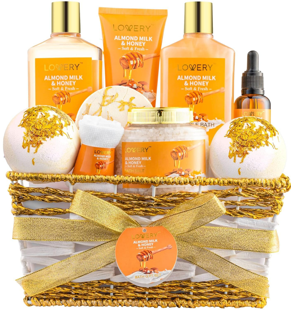 Gifts for Women Gift Basket for Women - 10 Pc Almond Milk & Honey Beauty & Personal Care Set - Home Bath Pampering Package for Relaxing - Spa Self Care Kit - Birthday, Mom, Anniversary Gift LOVERY