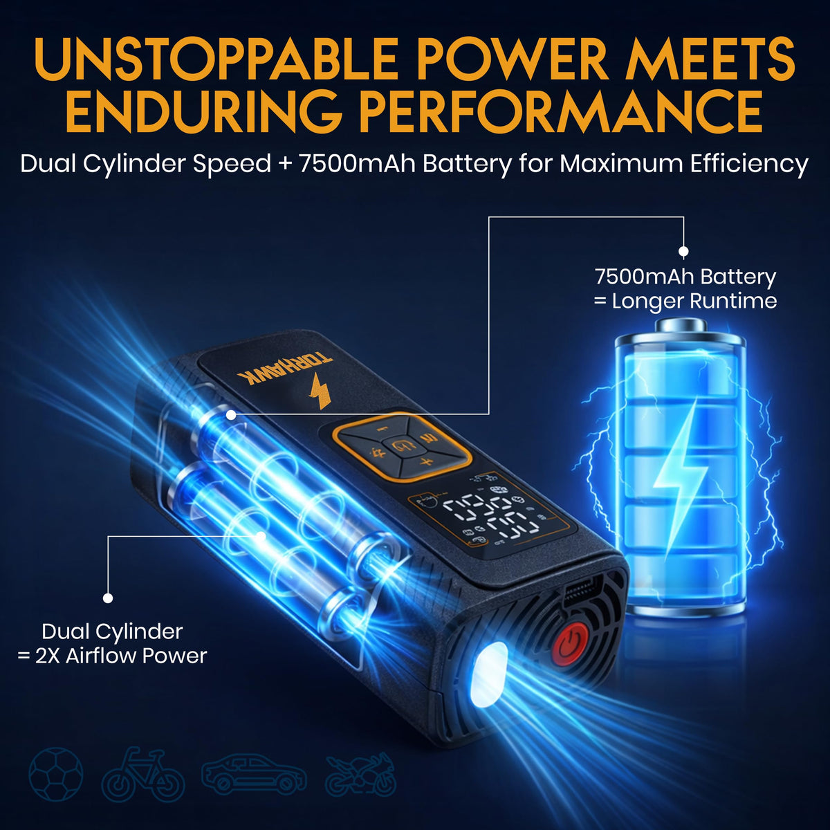 Portable Tire Inflator Air Compressor for Car Tires, Dual Cylinder, Cordless Air Pump for Car, Truck, SUV, 160 PSI, Dual Power, 7500mAh Battery, 12V DC, LED Light & Auto Shut-Off TORHAWK
