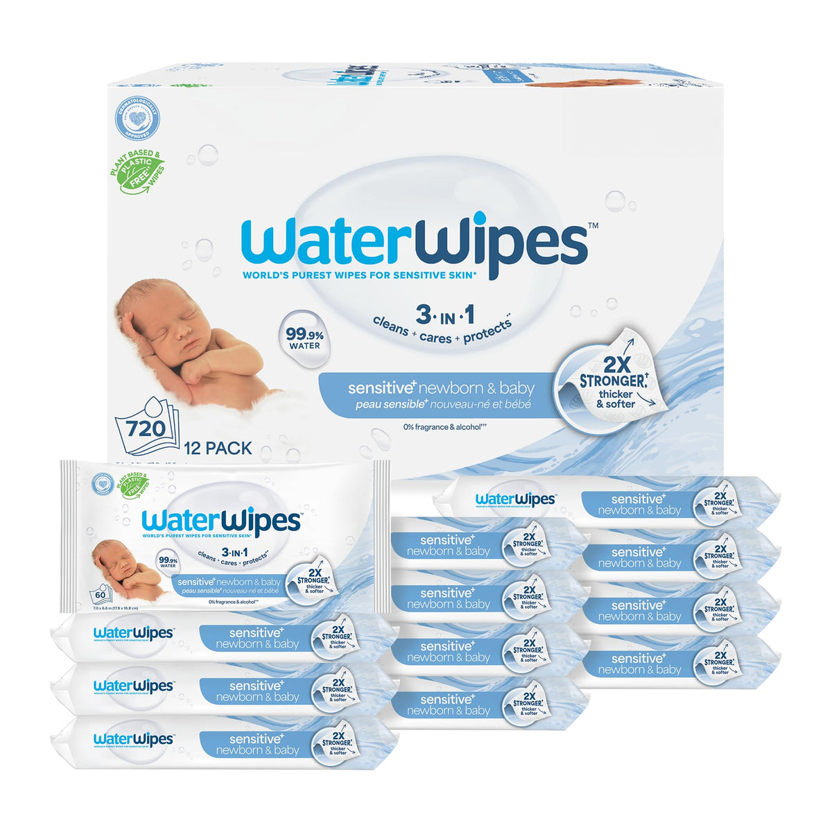 WaterWipes Sensitive+ Newborn & Baby Wipes, 3-In-1 Cleans, Cares, Protects, 99.9% Water, Unscented & Hypoallergenic, 720 Count (12 Packs) WaterWipes