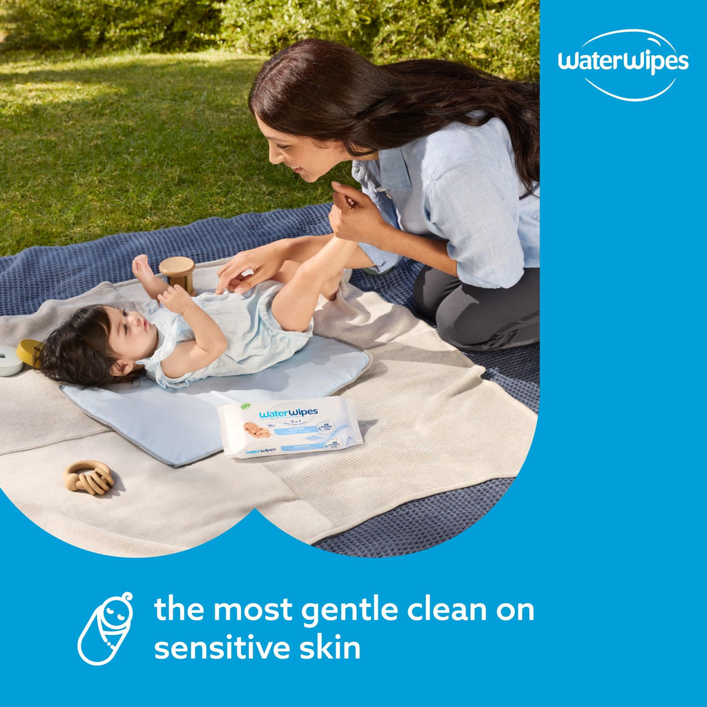 WaterWipes Sensitive+ Newborn & Baby Wipes, 3-In-1 Cleans, Cares, Protects, 99.9% Water, Unscented & Hypoallergenic, 720 Count (12 Packs) WaterWipes