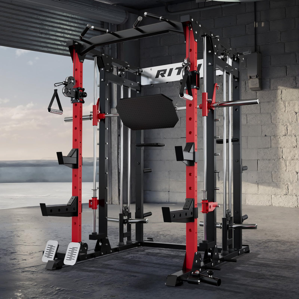 RitFit Buffalo Smith Machine, Power cage with LAT-Pull Down System & Cable Crossover System, All-in-One Squat Rack for Home Gym, Power Rack RitFit