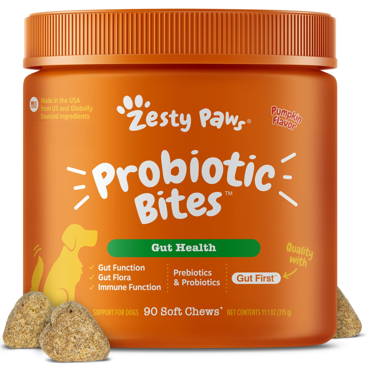 Zesty Paws Probiotics for Dogs - Digestive Enzymes for Gut Flora, Digestive Health, Diarrhea & Bowel Support - Clinically Studied DE111 - Dog Supplement Soft Chew for Pet Immune System - Pumpkin, 90ct Zesty Paws