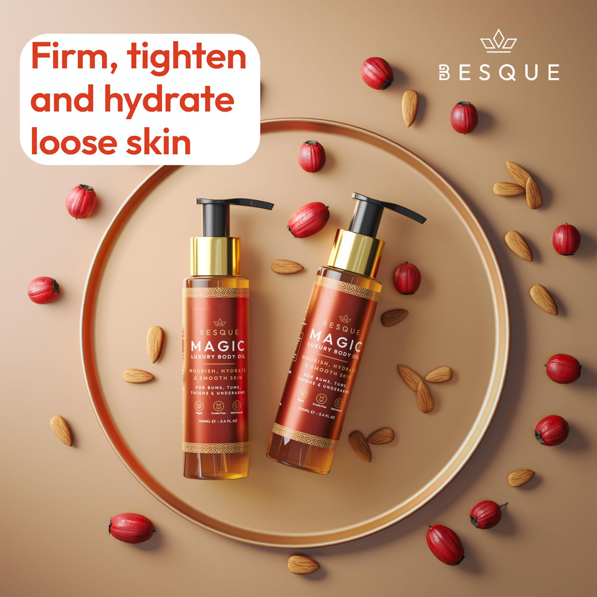 Besque Original Magic Body Oil, 3.4 FL OZ, After Shower Body Oil For Women, Hydrating Skin Care For Full Body That Plumps, Tightens, & Firms Skin With Natural Ingredients, Made In UK - Pack of 1 Besque
