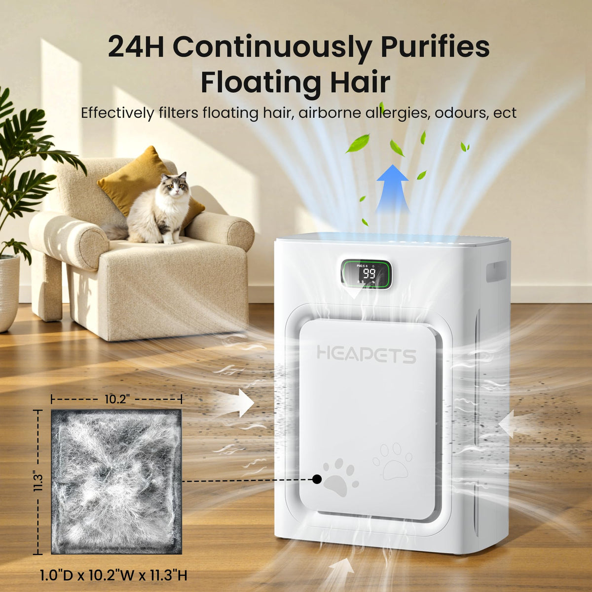 Pet Air Purifier for Home Large Room 2500 sq ft, H13 HEPA Washable Double-Sided Filter,Air Cleaner for Pet Hair Dander Odor Allergies Pollutant Smoke Dust,PM2.5 Air Quality Monitor,Auto Mode,P358 Grey HEAPETS