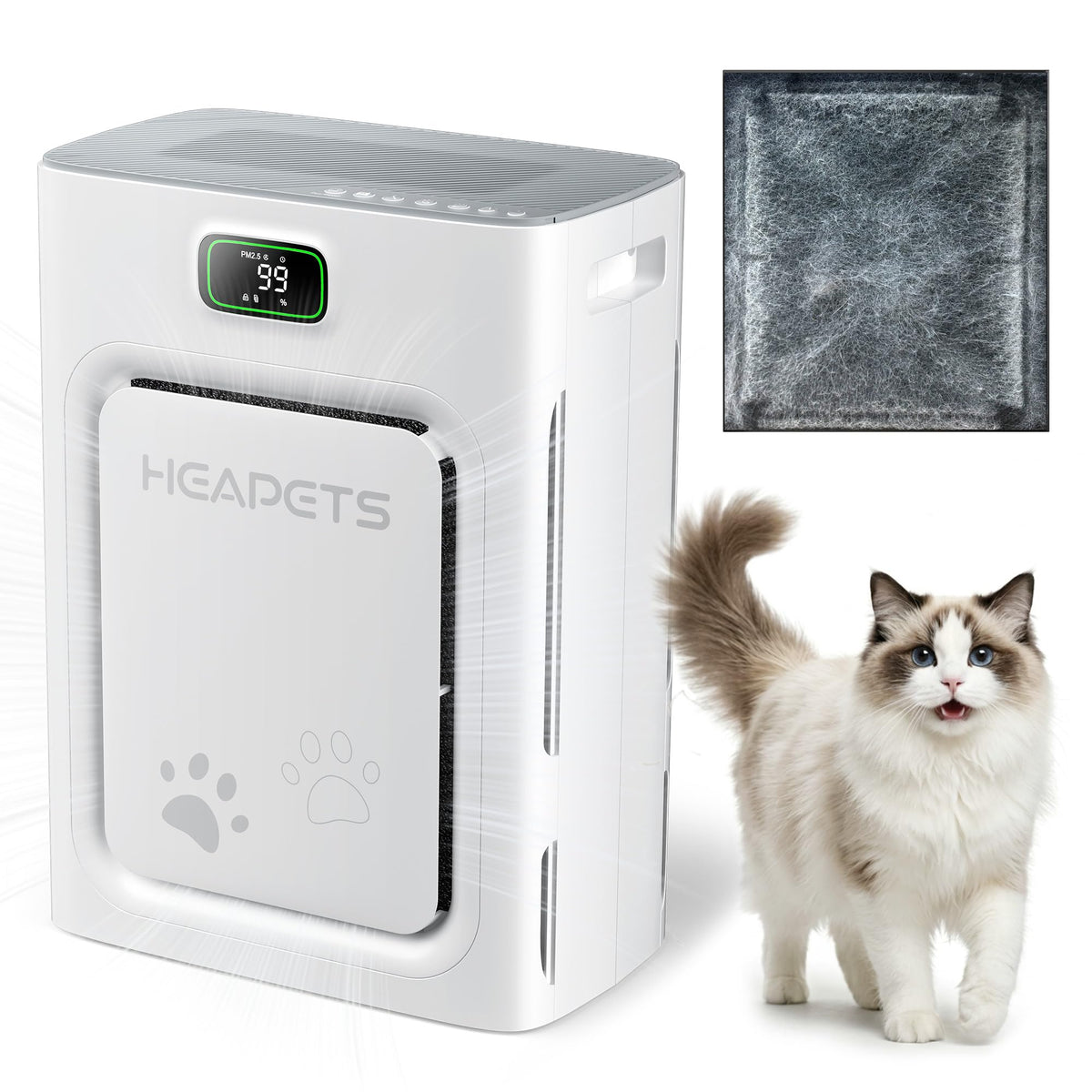 Pet Air Purifier for Home Large Room 2500 sq ft, H13 HEPA Washable Double-Sided Filter,Air Cleaner for Pet Hair Dander Odor Allergies Pollutant Smoke Dust,PM2.5 Air Quality Monitor,Auto Mode,P358 Grey HEAPETS