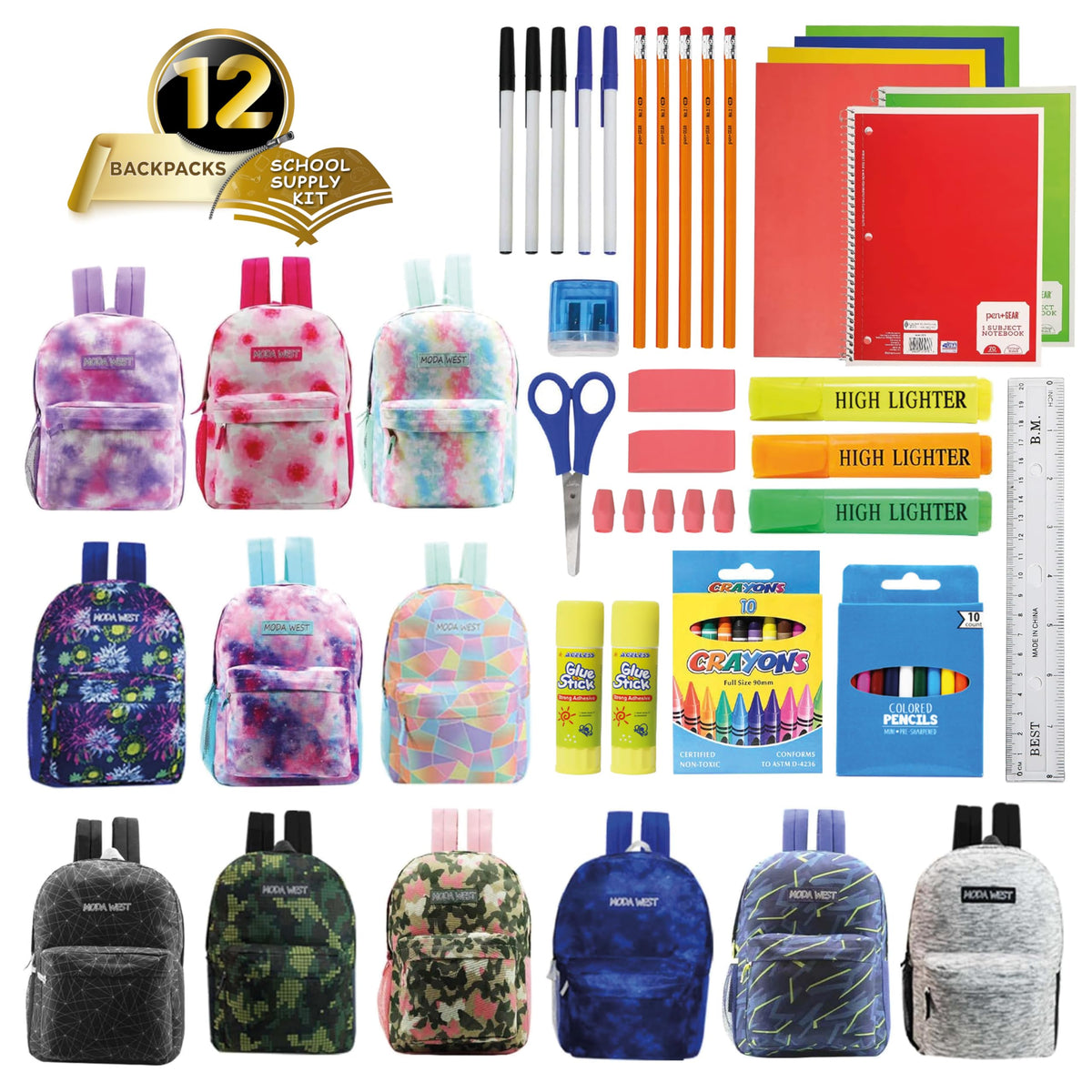 Moda West 12 Pack 17” Bulk Sport Backpacks with 52 Piece School Supplies Kits, 12 Styles Moda West