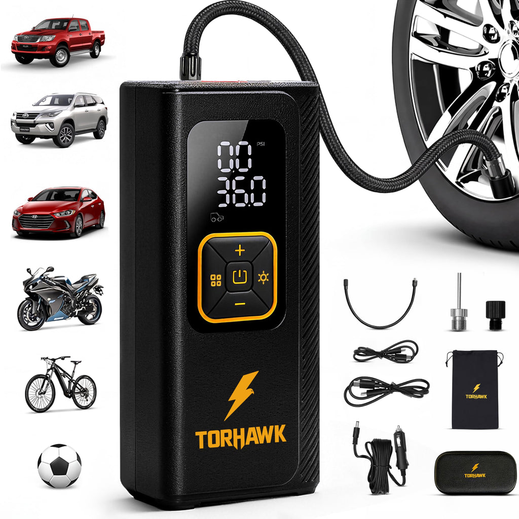 Portable Tire Inflator Air Compressor for Car Tires, Dual Cylinder, Cordless Air Pump for Car, Truck, SUV, 160 PSI, Dual Power, 7500mAh Battery, 12V DC, LED Light & Auto Shut-Off TORHAWK