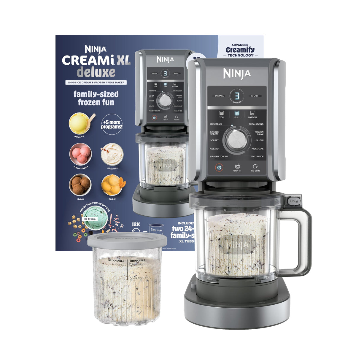 Ninja CREAMi Deluxe Ice Cream Maker | 11-in-1 Create Frozen Desserts, Sorbet, Milkshakes, Yogurt & More | Includes 2 Dishwasher Safe XL 24 Oz. Tubs with storage lids | Silver | NC501 Ninja
