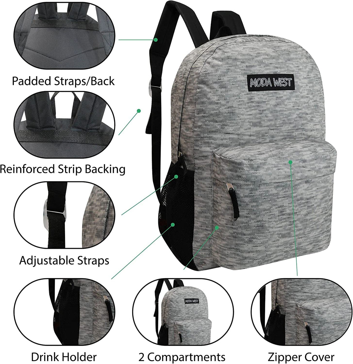 Moda West 12 Pack 17” Bulk Sport Backpacks with 52 Piece School Supplies Kits, 12 Styles Moda West