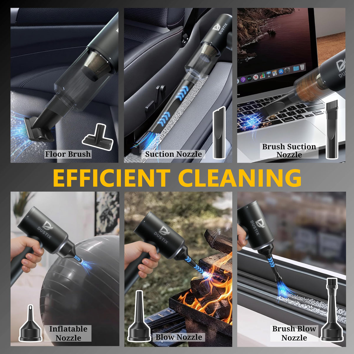 DUSTIX Car Vacuum Cordless Handheld Vacuum Cleaner Mini Portable Car Vacuum Brushless Motor Rechargeable Type C Blower Inflator Deflator Car Cleaning Kit (DX-1 Pro) DUSTIX