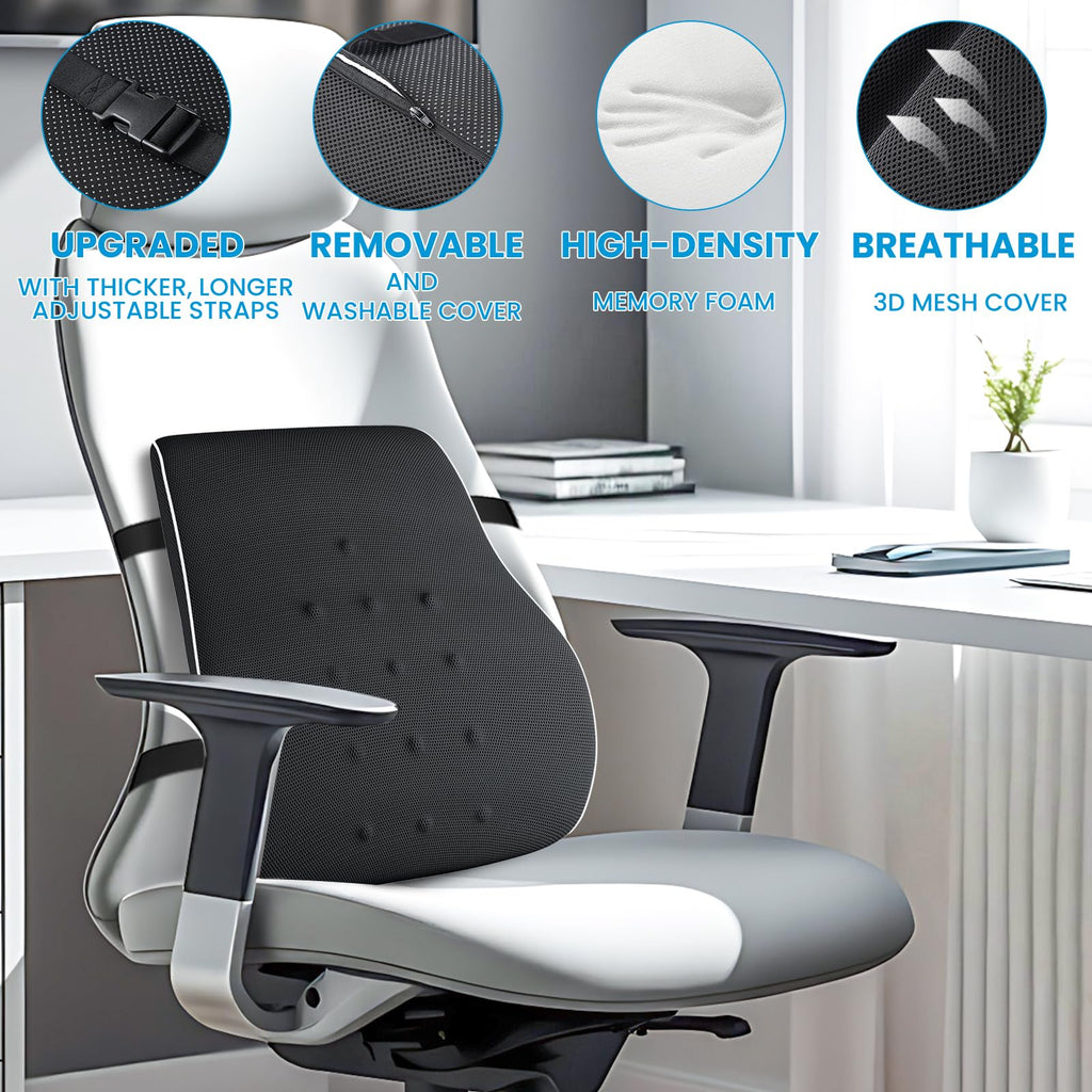 Lumbar Support Pillow for Office Chair, Office Home Essentials,Gifts for Mom,Dad, Back Support Pillow for Car, Chair Cushions,Back Pain Relief Improve Posture,Mesh Cover Double Adjustable Straps Qutool