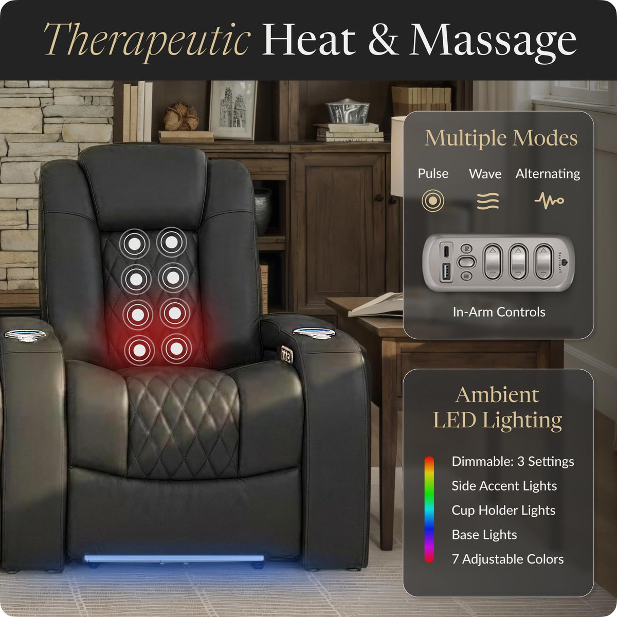 Seatcraft Virtuoso LT Black Italian Leather Home Theater Seating, Zero Gravity Power Recliner, Powered Headrest and Lumbar Gaming and Home Office Chair, Heat and Massage Lounge Sofa, Row of 3 Seatcraft