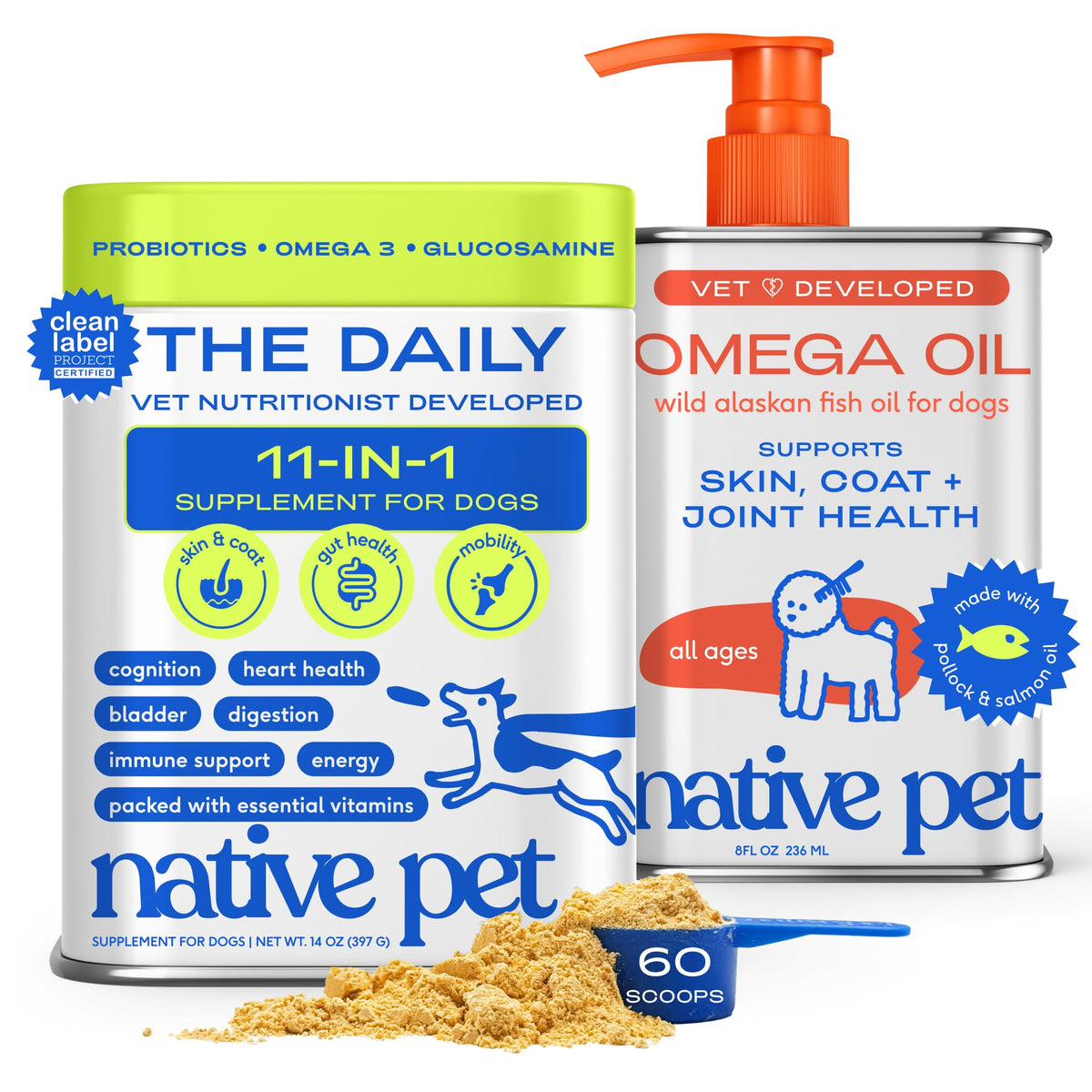 Native Pet Daily Wellness Bundle - Dog Vitamins and Supplements & Omega 3 Fish Oil Wild Alaskan Salmon Fish Oil for Dogs - 11-in-1 Multivitamin Powder Supports Joints, Gut, Skin, Coat & Heart Health Native Pet