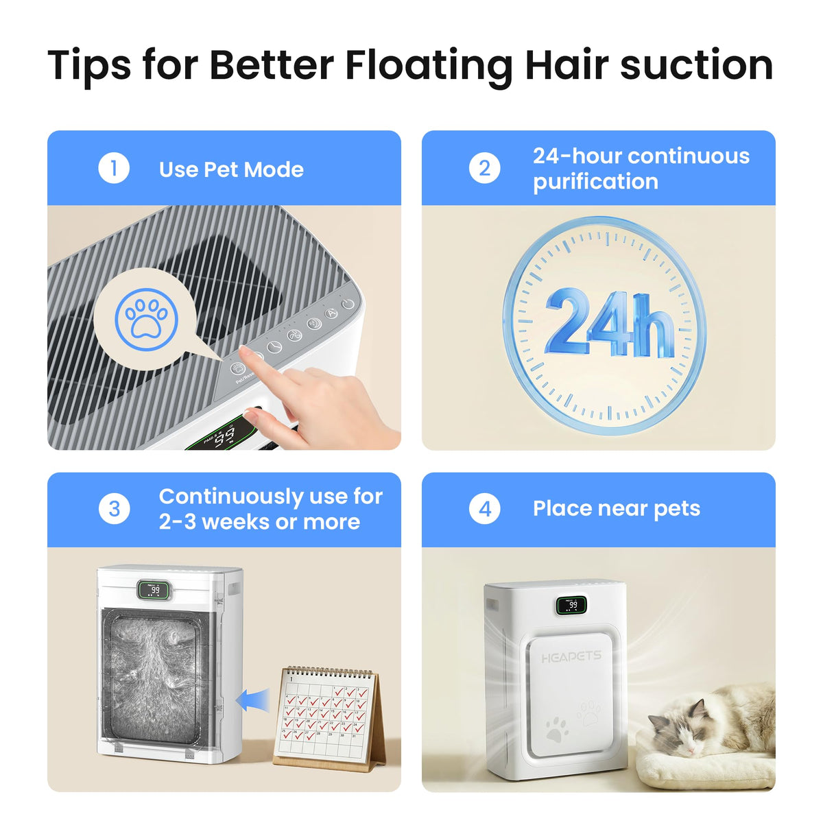 Pet Air Purifier for Home Large Room 2500 sq ft, H13 HEPA Washable Double-Sided Filter,Air Cleaner for Pet Hair Dander Odor Allergies Pollutant Smoke Dust,PM2.5 Air Quality Monitor,Auto Mode,P358 Grey HEAPETS