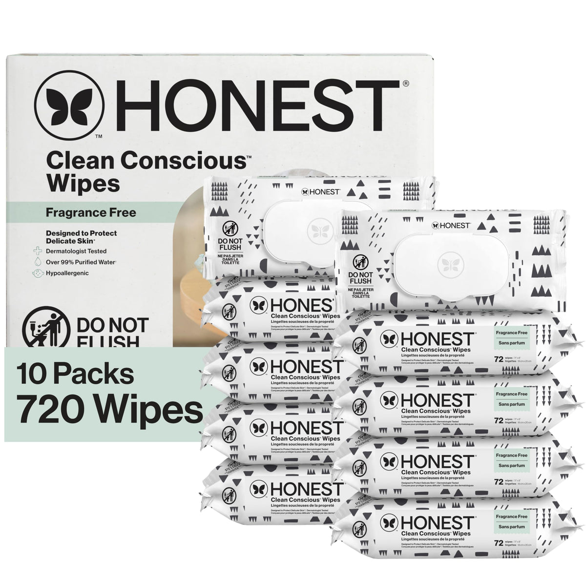 The Honest Company Baby Wipes for Sensitive Skin, Hypoallergenic, Fragrance-Free, Multi-Use, Pattern Play Design, 720 Count (10 Packs of 72) The Honest Company