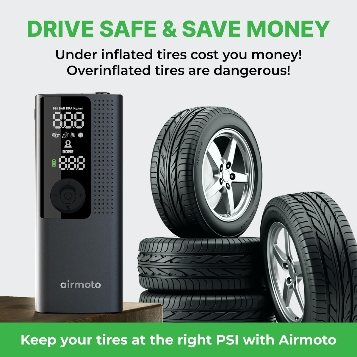 Airmoto Tire Inflator Portable Air Compressor - Air Pump For Car Tires with Digital Pressure Gauge, LED Light and Auto Shut-Off Function - Cordless Pump for Car, Motorcycle, Bicycle, Ball Airmoto