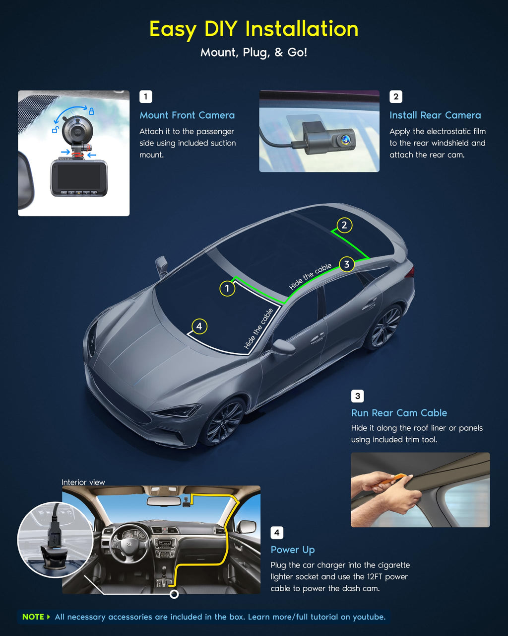 ROVE R2-4K DUAL Dash Cam Front and Rear, STARVIS 2 Sensor, FREE 128GB Card Included, 5G WiFi - up to 20MB/s Fastest Download Speed with App, 4K 2160P/FHD Dash Camera for Cars, 3" IPS, 24H Parking Mode ROVE