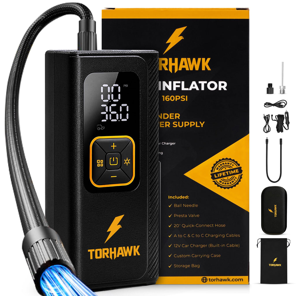 Portable Tire Inflator Air Compressor for Car Tires, Dual Cylinder, Cordless Air Pump for Car, Truck, SUV, 160 PSI, Dual Power, 7500mAh Battery, 12V DC, LED Light & Auto Shut-Off TORHAWK