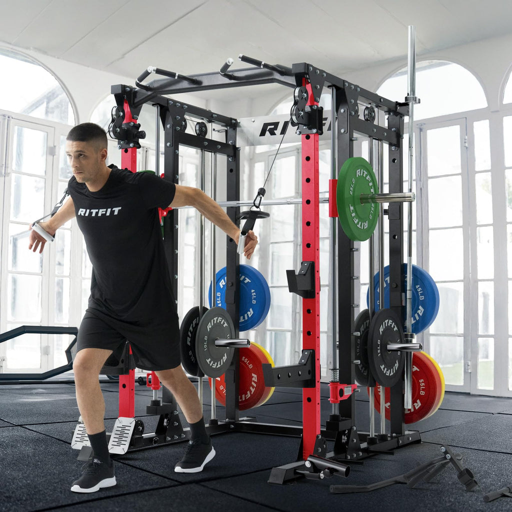 RitFit Buffalo Smith Machine, Power cage with LAT-Pull Down System & Cable Crossover System, All-in-One Squat Rack for Home Gym, Power Rack RitFit