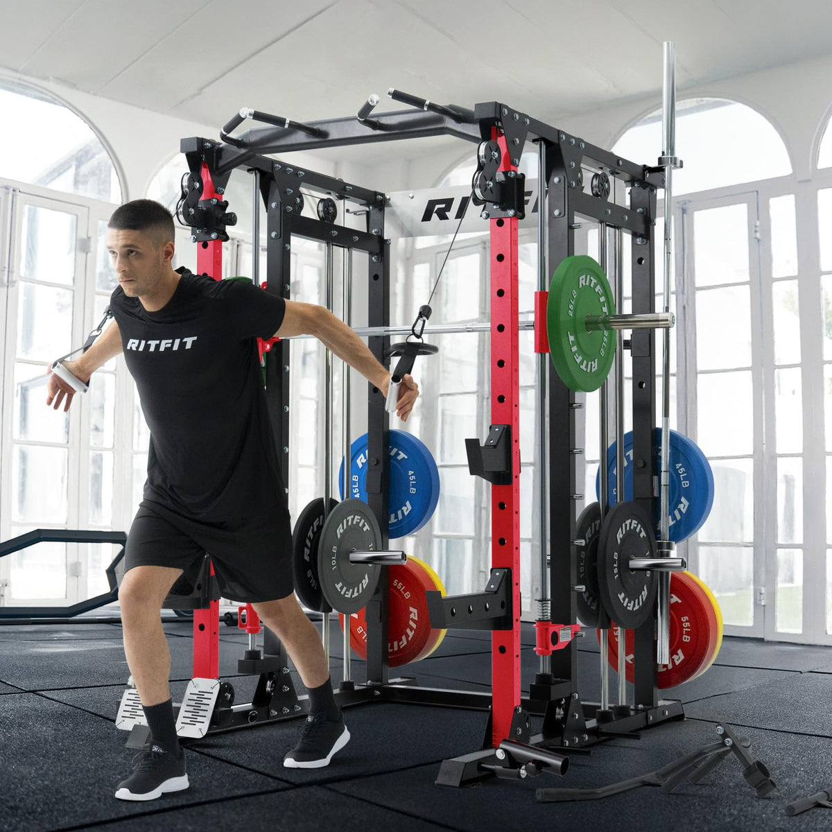 RitFit Buffalo Smith Machine, Power cage with LAT-Pull Down System & Cable Crossover System, All-in-One Squat Rack for Home Gym, Power Rack RitFit