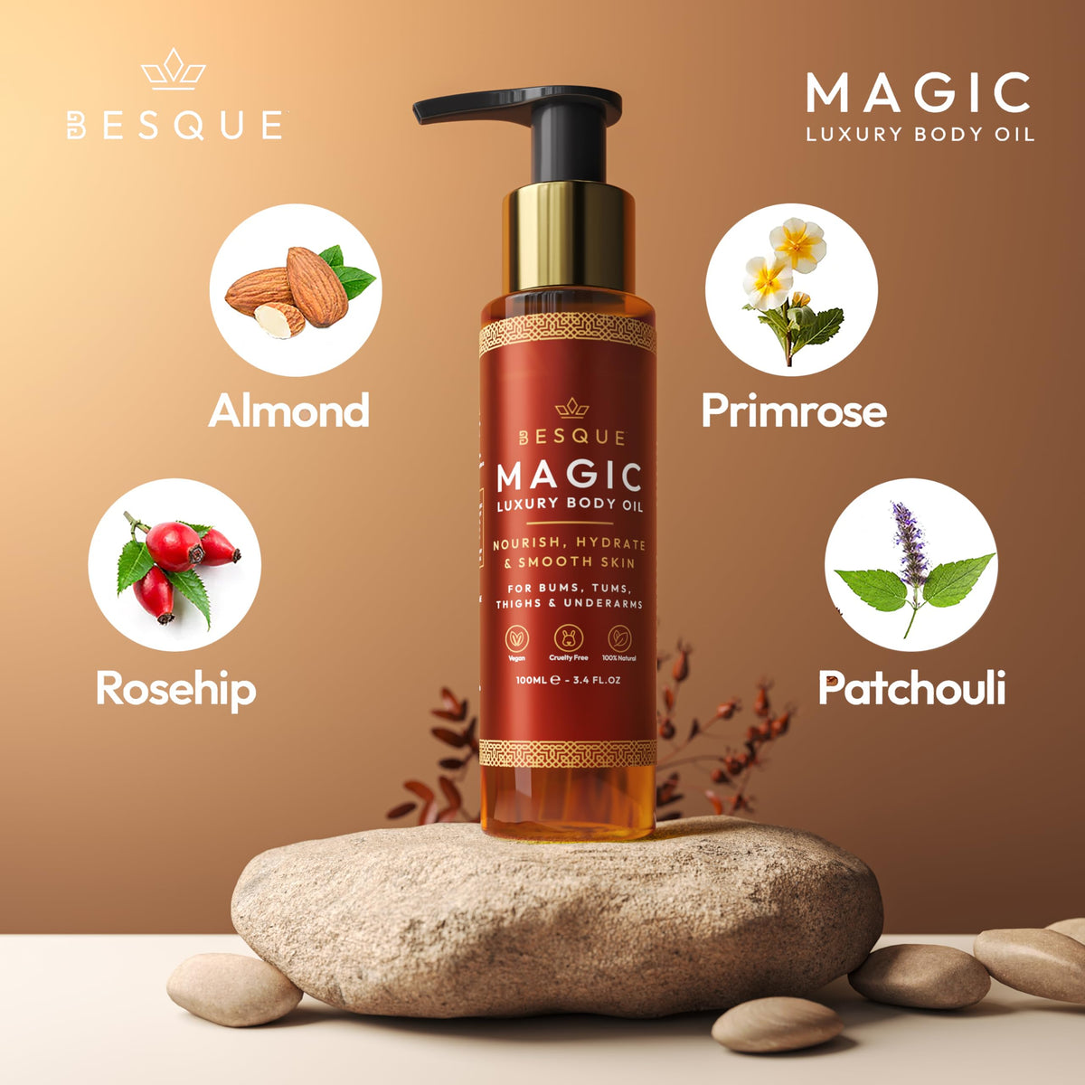 Besque Original Magic Body Oil, 3.4 FL OZ, After Shower Body Oil For Women, Hydrating Skin Care For Full Body That Plumps, Tightens, & Firms Skin With Natural Ingredients, Made In UK - Pack of 1 Besque